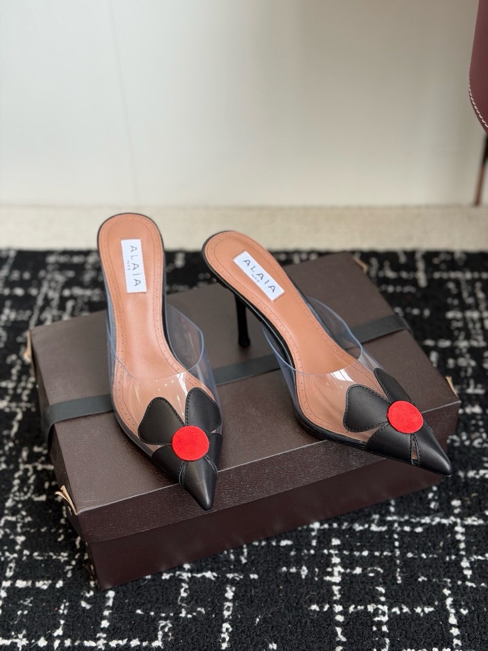 Alaia Black Pointed Leather Mules with Red Dot